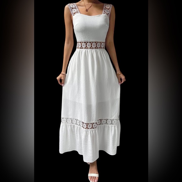 Women’s Guipures Lace Sleeve Insert Ruffle Hem Cami Long Summer/Spring Dress. - Picture 3 of 7